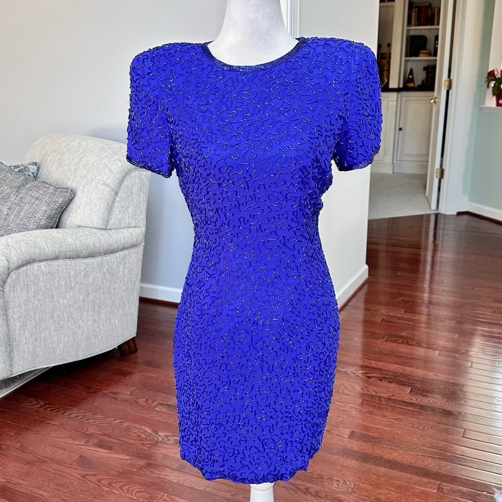 AJ Bari Blue Silk Short Sleeve Fully Embellished Beaded Cocktail Dress Size 6